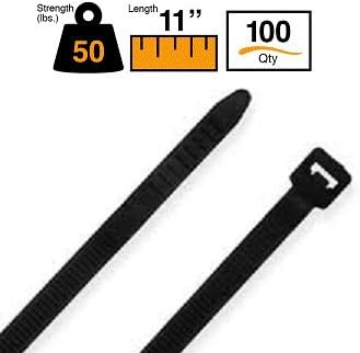 BuyCableTies 11" Standard Indoor/Outdoor Cable Ties - 50 lb Rated - Made in USA - Black - UV Resistant - 100 per bag