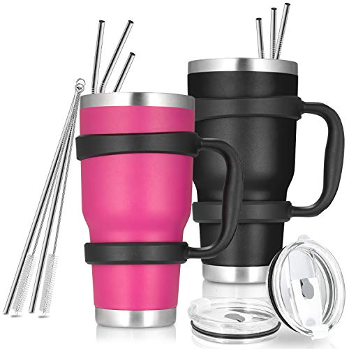 30oz Tumbler, 2 Packs Stainless Steel Double Wall Vacuum Insulated Tumbler Travel Mug With 8Pcs Reusable Straw, 2Pcs Slider Lid, 2Pcs Cleaning Brush, 2Pcs Handles (Black + Rose)