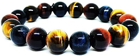 Duseco Natural Precious Colored Obsidian and Tiger's Eye Gemstone Tibetan 10mm Stretched Unisex Bracelet