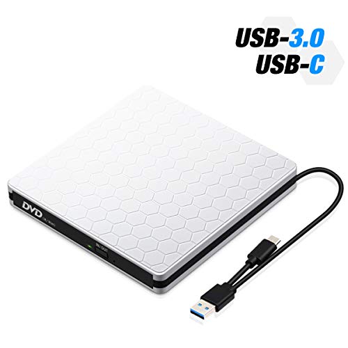 External CD/DVD Drive USB 3.0 Type-C Portable R/W Optical Drive Slim CD DVD Burner Recorder CD ROM for Laptop/MacBook/Desktop/MacOS/Windows10/8/7 (#White)