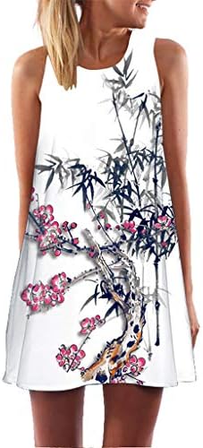 GOWOM Women's Vintage Bohemian Summer Sleeveless Beach Feather Print Short Mini Dress