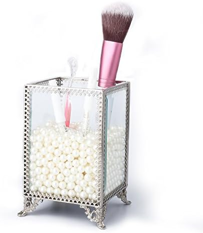 Glass Terrarium Makeup Brush Holder - Tchan Handmade Art Crafts Pen Holder Organizer for Home Office Decoration (Silver)