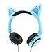 Cat Ear Headphones with Glowing Lights for Kids, IPRO Wired Gaming Folding LED Anime Over Head Earphone with Flashing Ears for Computer, Tablet, Phones, MP3, MP4, etc - Blue