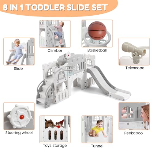 Garvee 8-in-1 Toddler Slide Playset for Kids Age 1-3, Freestanding Indoor Outdoor Baby Playset with Basketball Hoop, Steering Wheel, Telescope, Crawl Tunnel and Toy Storage