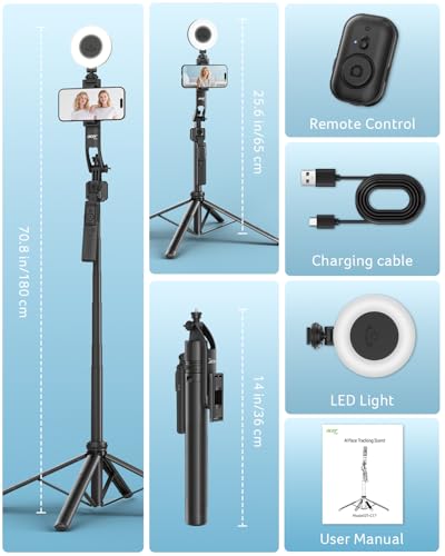Acer Gadget Auto Face Tracking Tripod for iPhone/Cell Phone/Android/Camera with Light and Remote, 64", No App, 360°Rotating Tripod Selfie Stick for Tiktok YouTube Vlog Live Streaming Video Recording