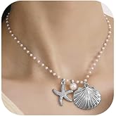 MOEEIJEW Seashell Necklace for Women Starfish Necklace Pearl Chain Necklace Beach Ocean Jewelry