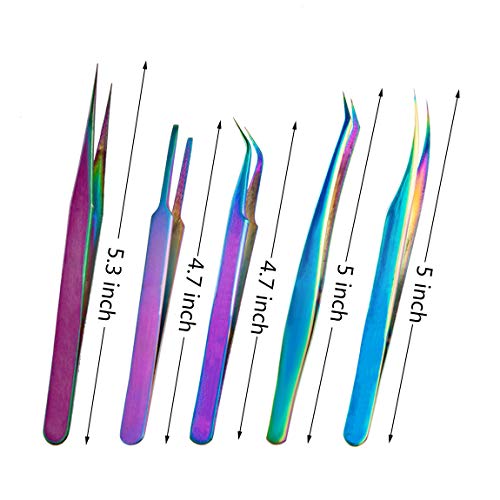 Rainbow Tweezers Kit Anti-Static Precision Stainless Steel Tweezers for Eyelash Extension Nail Art Ingrown Hair Craft Work 5 Pcs