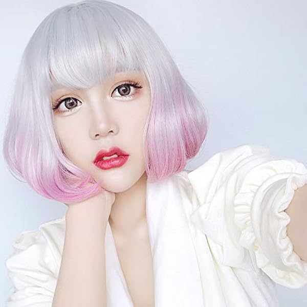 Dfju ウィッグ二次エアフリンジショートカーリーヘアオンラインセレブファッションウィッグ女性シルバーホワイト