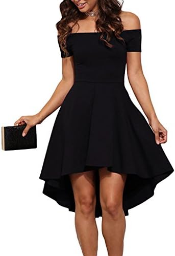 HJMY Women Shoulder Sleeve High Low Skater Dress (M, Black)