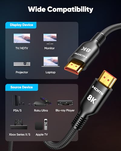 Highwings Long HDMI Cable 20 FT, 10K 8K 4K Ultra HD High Speed 2.1 HDMI Cable 48Gbps Braided Cord-4K@120Hz 8K@60Hz, DTS:X, HDCP 2.2&2.3, Dynamic HDR 10 Compatible with DVD Player/PS5/HDTV/Blu-ray