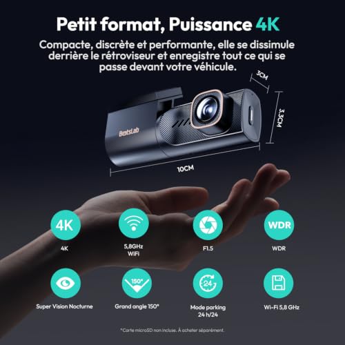 Botslab 4K Mini Dash Cam 360° Rotatable with Super Capacitor, Dual Band Wi-Fi & Bluetooth, Night Vision, 24H Parking Mode, App Control, G-Sensor, Wide Angle, Up to 512GB