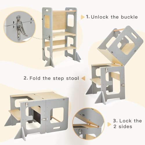 labebe Montessori Tower for Children, Folding Learning Tower with Blackboard, Multifunction 3 in 1 Learning Tower, Tower from 1 Year (Grau)