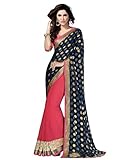 Shonaya Pink &Blue Georgette Patch work saree &Unstitched Blouse Piece,Free Size