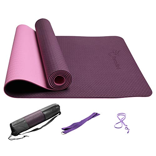 FrenzyBird Eco-Friendly,Reversible,Non-Slip,Double-Sided TPE Yoga Mat with Stretch Strap,Carry Strap and Mat Bag, Free of PVC and Other Harmful Chemicals, Extra-Thick,Ideal for Yogis