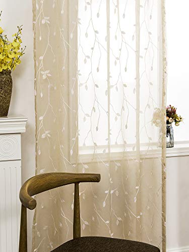 AmHoo Floral Leaf Embroidery Semi Sheer Curtain Rod Pocket Voile Sheer Curtains Set of 2 for Living Bedroom Window Treatment (Linen, 53 x 63) - Thumbnail 6