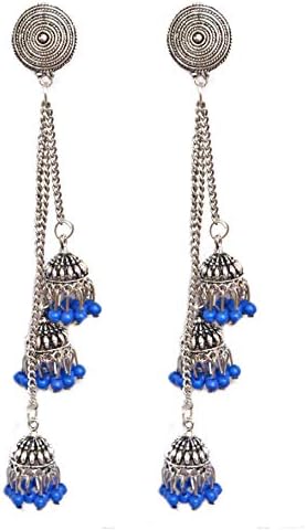 Pahal Ethnic Oxidized Long Chain Multi Silver Jhumka Earrings Pearl Indian Wedding Jewelry Set
