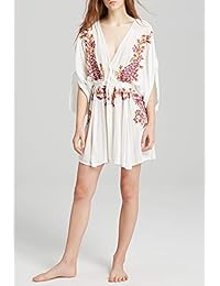 R.Vivimos - Vestido corto de verano con mangas de murciélago y cuello en V con bordado floral