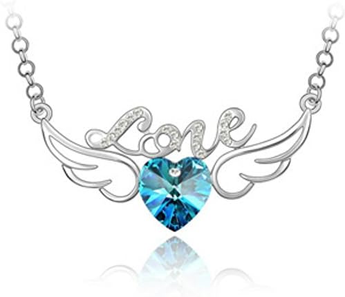 Hollow Style Letter Love Angel Wings Heart Aquamarine Blue Crystal 25" Long Chain Necklace for Woman