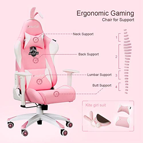 Gaming Chair Large Size High-Back PU Leather Ergonomic Racing Seat with Lumbar Support, Rabbit Ears and Fluffy Tail, Pink - Thumbnail 2