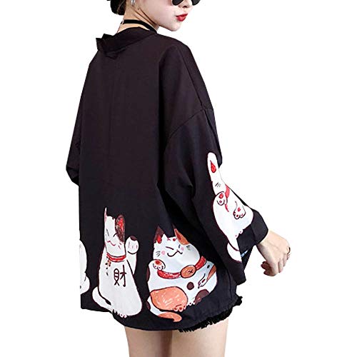 Women Japanese Kimono Cardigan Harajuku Coat Yukata Bathrobe Blouse Tops Outwea (# 1 Black)