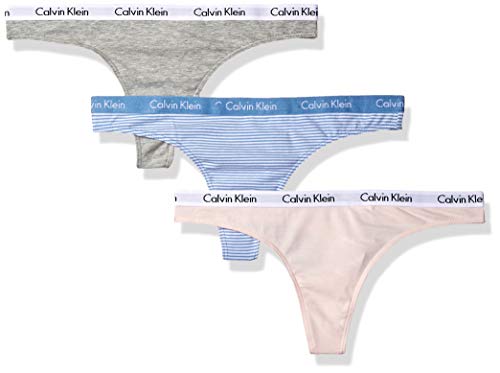 Calvin Klein Women's Carousel Logo Cotton Thong Panty, Grey Heather/Periwinkle Stripe/nymph's Thigh, Large