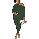 WOKANSE Women's Solid 3/4 Sleeve Tracksuits Set One Off Shoulder Asymmetric Top Skinny Long Pant 2 Piece Loungewear
