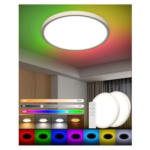 DetarZinLED 2 LED Ceiling Light Bedroom Ceiling Light 24W 2700LM 30 cm Round Dimmable Ceiling Light with Remote Control Bathroom IP44 Waterproof Colorful RGB Lights for Indoor Hallway