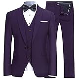 Men's Slim Fit Peak Lapel Suit Blazer Jacket Tux Vest & Trousers 3-piece Suit Set ( Medium, Purple)