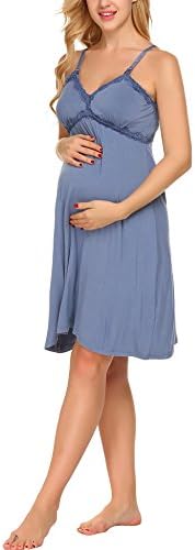 Lufore Women's Sleeveless Lace-Trimmed Breastfeeding Nightdress Sleepwear Blue, XL