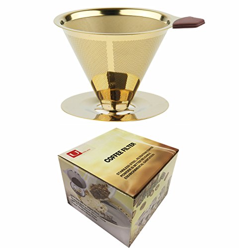 U Only You Gold Titanium Coated Coffee Filter,Stainless Steel Pour Over Coffee Dripper with Cup Stand - Double Layered Filter,No Clogging,Reusable,New Generation Titanium Coated Design (Titanium Gold)