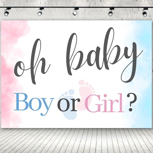 7x5ft Oh Baby Gender Reveal Backdrop, Blue and Pink Baby Footprint Boy Or Girl Backdrop Photography Background He Or She Banner Photo Booth Props for Gender Reveal Party Decoration