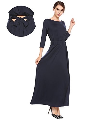 Zeagoo Women s Cotton 3/4 Sleeve Halter Maxi Long Dress With Elastic Waistband - Solid Navy Blue L