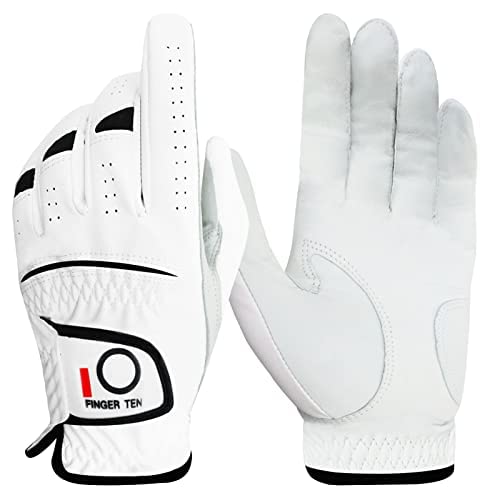 FINGER TEN Men's Golf Glove Men Left Right Hand Cabretta Leather Palm Breathable Comfortable Weathersof Grip Superior Fit Soft (M/Large, Right)