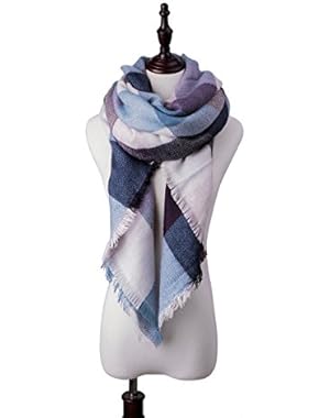 Women's Winter Scarf Tartan Tassel Plaid Shawl Large Warm Soft Chunky Square Scarf Wrap Blanket