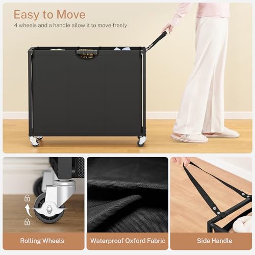 FIONESO Rolling Laundry Basket with 3 Section Pull-Out Bags, Laundry Hamper with 2 Drawers, 2-Tone Top Panel Laundry Sorter, Laundry Basket Organizer with Wheels, Laundry Room, Bathroom, Black