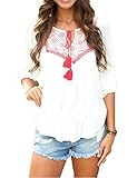 OURS Women's Tie Neck Long Sleeve Embroidery Loose Casual Shirt Blouse Top
