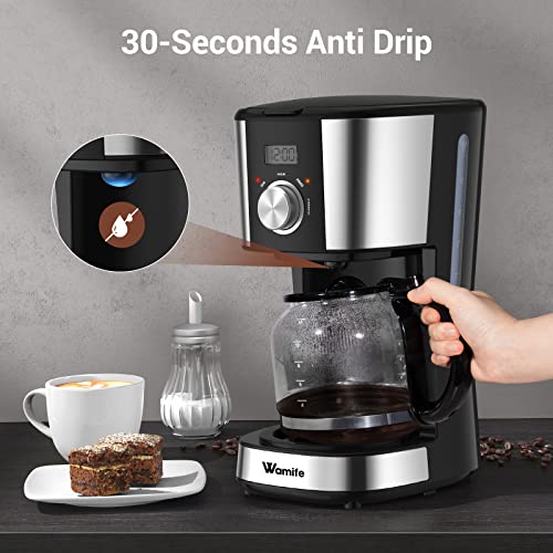 Wamife Programmable Coffee Maker, 12 Cup Drip Coffee Brewer Timer Machine with Thermal Carafe Retro Coffee Makers for Home & Office Black