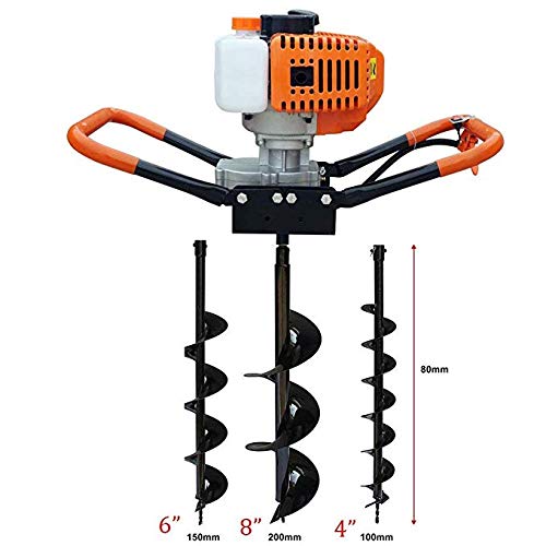 52cc Gas Powered Post Hole Digger with Three Earth Auger Drill 4"/6"/8" Bits Single Cylinder 2-stroke