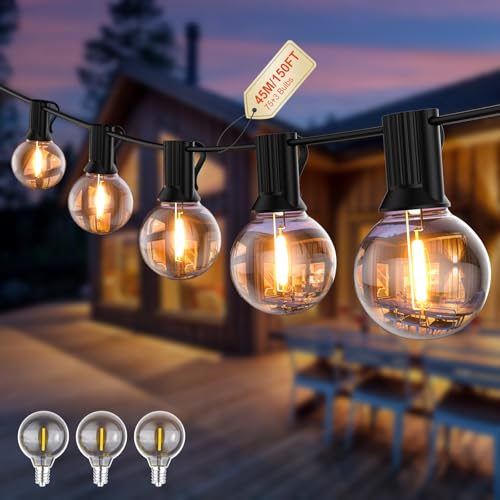 Pogestrand G40 45m Outdoor String Lights Outdoor Indoor Power with Plug 75 Unbreakable Bulbs Outdoor Mesh Powered for Patio, Patio, Balcony, Shed