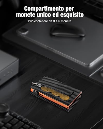 Small Man Credit Card Holder, Slim Men's Wallet with Magnetic Closure and ID Window, Pop-up Leather Card Holder for 11 Cards, Card Holder with Coin and Banknotes, Black and Orange