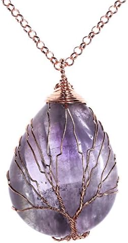 QGEM Tree of Life Pendant Obsidian Buddha Necklace Bodhisattva Amulet, Copper Wire Wrapped Jewelry