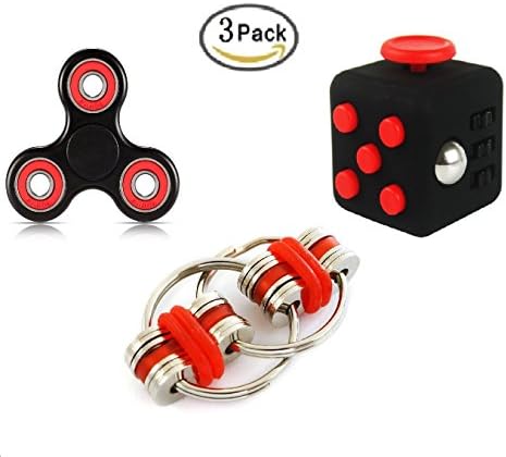 Ouker 3 Pack Fidget Toys,Fidget tri-Spinner,Fidget Cube,Bike Fidget Chain for ADD ADHD Stress And Anxiety Relief Red Set