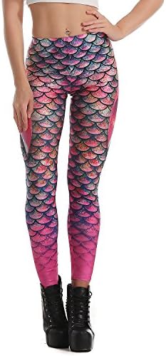 KUNIZI Green Golden Mermaid Scale Women Leggings Low Waist Fitness Pant (S, Pink)