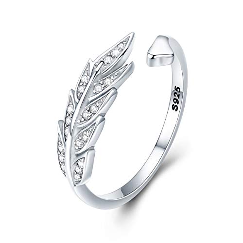 FOREVER QUEEN Feather Ring 925 Sterling Silver, Adjustable Open Plumage Wing Finger Ring for Wife Girlfriend Daughter Mother Sister for Birthday Wedding Anniversary Engagement Valentine's Day BJ09068 (Pandora Best Friend Rings)