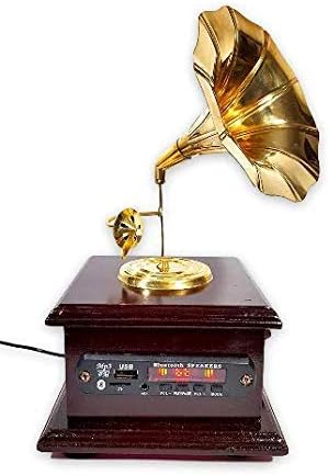 Chessncrafts Wooden Brass Remote Controlled Music Playing Gramophone Speaker USB, Bluetooth, Micro SD Card and AUX Connectivity (15.2 x 15.2 x 27.9 cm, Golden Brown)