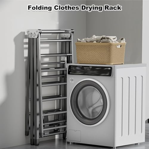 Zucng Folding Clothes Dryer Clothes Drying Rack with 4 Shoe Holder, Foldable 3-Tier Laundry Hanger Free-Standing Dryer Rack 3 Height Adjustable Clothes Drying Rack, Windproof (Grey)