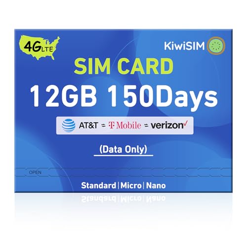 KiwiSIM Prepaid Data SIM Card 12GB 150Days,4G LTE SIM Card for Unlocked Phone/Router/Security Camera,Support for AT&T,T-Mobile and Verizon,No Contract(Requires Activation)