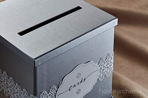 Hayley Cherie - Silver Gift Card Box with White Lace and Cards Label - Silver Textured Finish - Perfect for Weddings, Baby Showers, Birthdays, Graduations - Large Size 10" x 10"