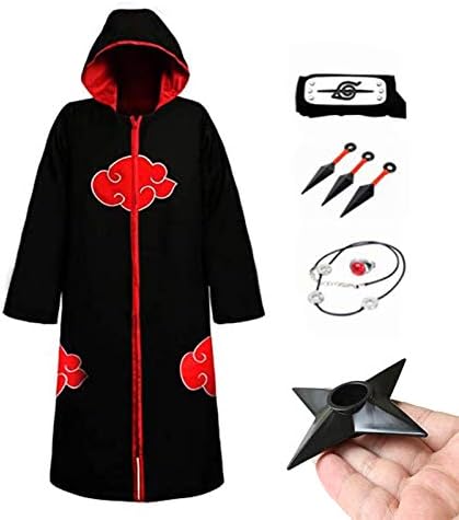 アニメキャラクター赤月コスプレ衣装ユニセックスロングブラックフード付きローブ付アクセサリーハロウィーンユニフォームマント大人男性女性パーティーカーニバル服装