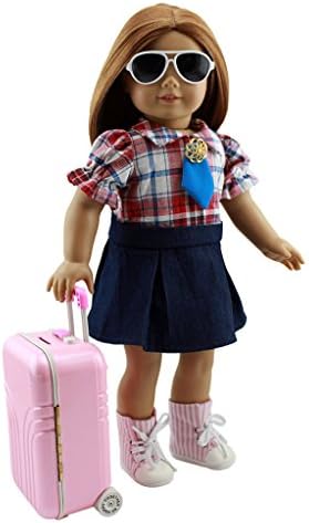Wesen American Girl Doll Travel Outfits Pink Suitcase and Clothes with Boots + Sunglasses Fit 18 inch Doll